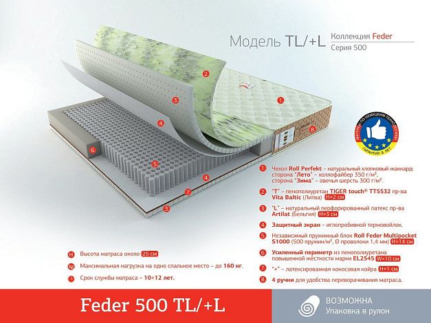 Матрас Roll Matratze Feder 500 TL/+L | Интернет-магазин Гипермаркет-матрасов.рф